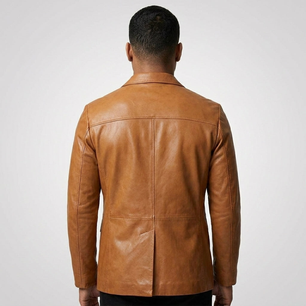 Men’s Tan Lambskin Leather Blazer – Classic Two-Button Tailored Sport Coat