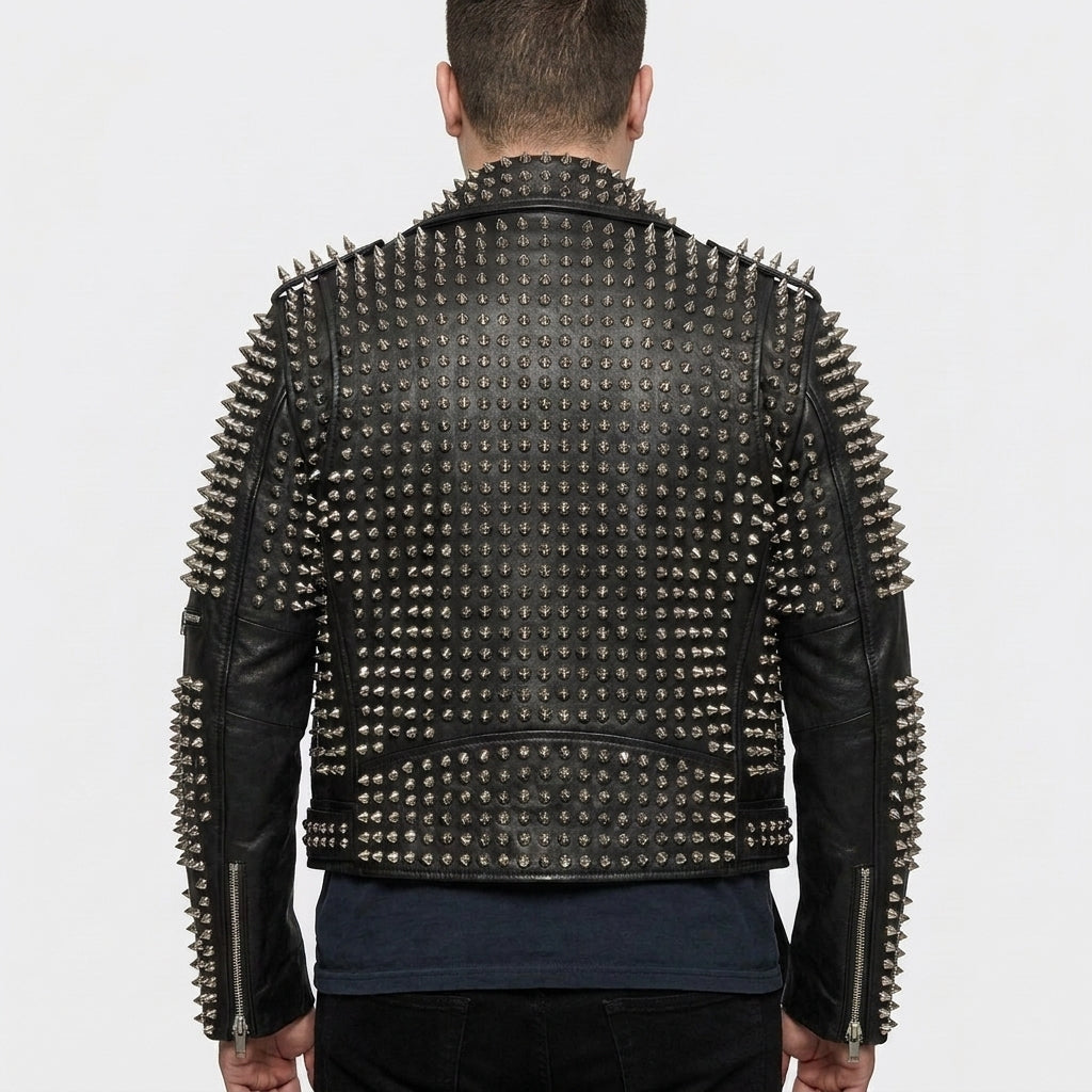 Men's Punk Metal Button Studded Biker Leather Jacket