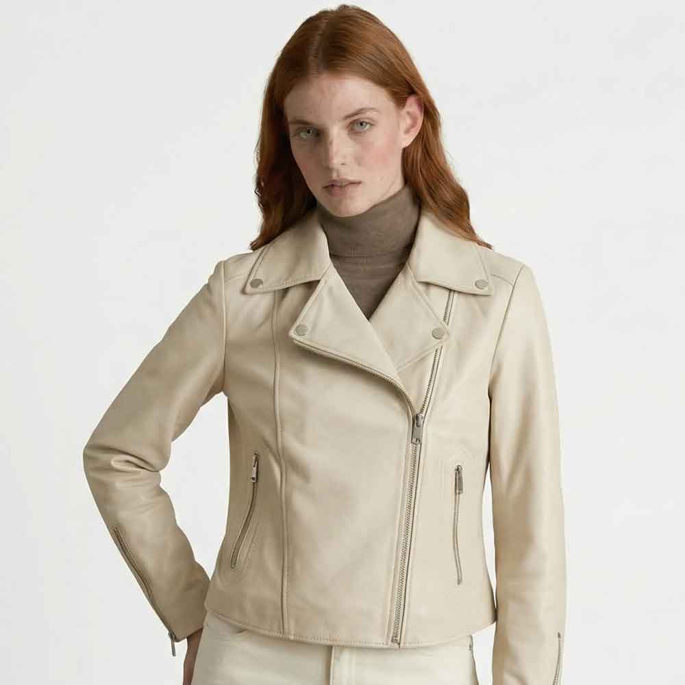 Cropped Beige Jacket for Women in Biker Style