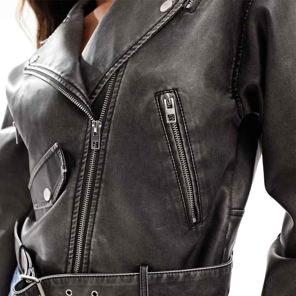 Cropped Leather Biker Jacket in Waxed Tone