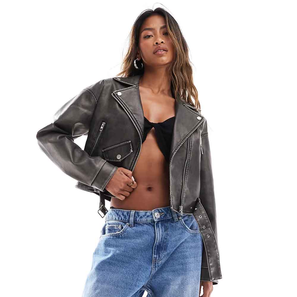 Cropped Leather Biker Jacket in Waxed Tone