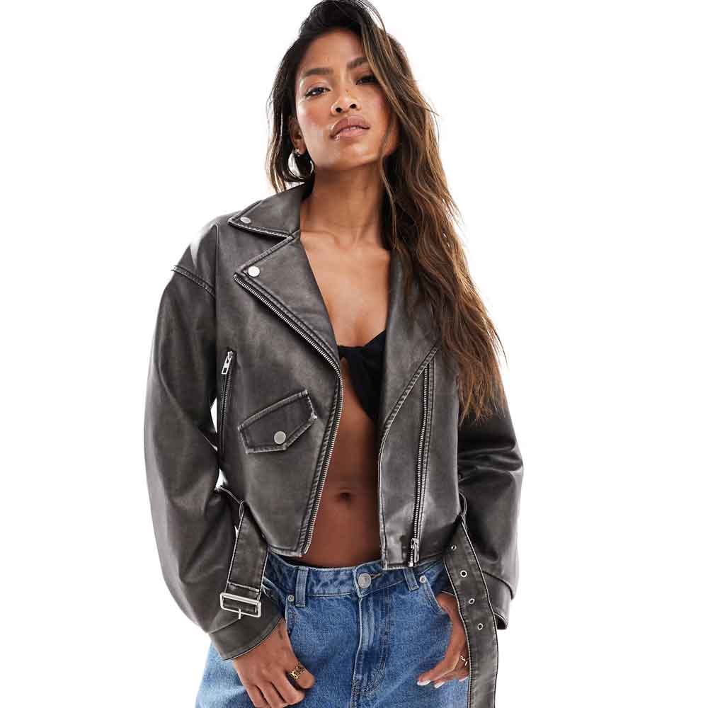 Cropped Leather Biker Jacket in Waxed Tone