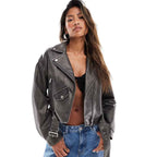 Cropped Leather Biker Jacket in Waxed Tone