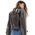 Cropped Leather Biker Jacket in Waxed Tone