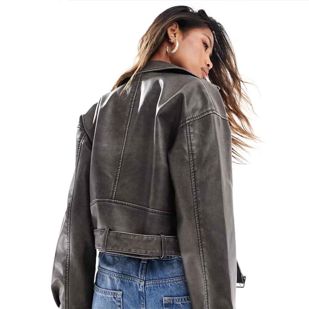 Cropped Leather Biker Jacket in Waxed Tone