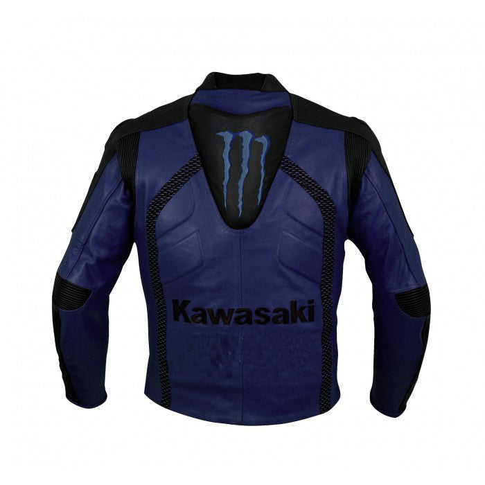 MEN KAWASAKI MONSTER MOTORCYCLE BLUE LEATHER RACING JACKET