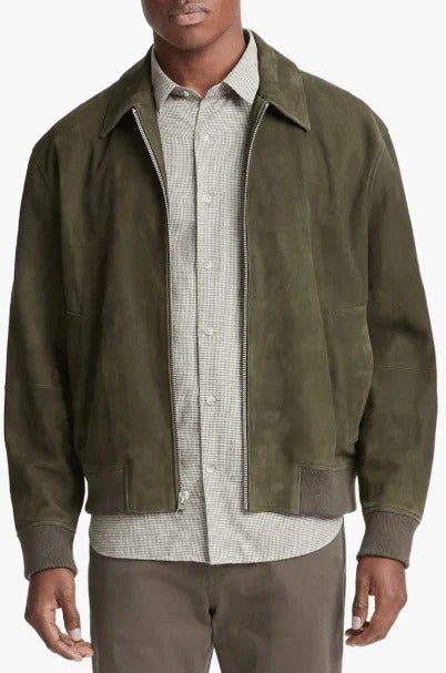 Men's Khaki Suede Bomber Leather Jacket Modern Elegance & Comfort
