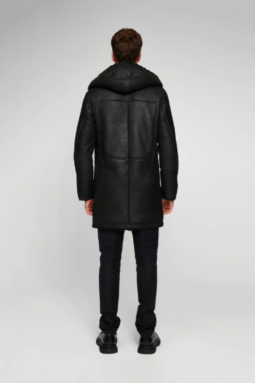 Men's Black Hooded Shearling Leather Coat - Warm & Stylish