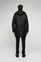Men's Black Hooded Shearling Leather Coat - Warm & Stylish