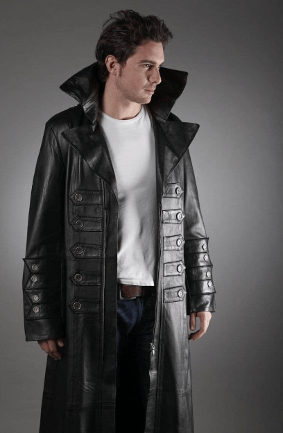 Men's Black Long Leather Coat - Elegant & Timeless