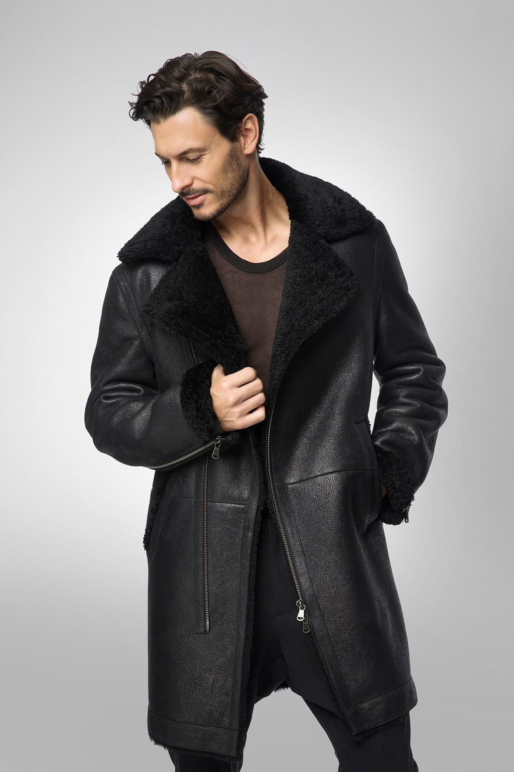 Men's Black Shearling B7 Bomber Leather Coat - Rugged & Warm
