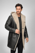 Men's Black Shearling Fur Leather Coat with Hood - Luxurious & Warm