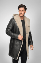 Men's Black Shearling Fur Leather Coat with Hood - Luxurious & Warm