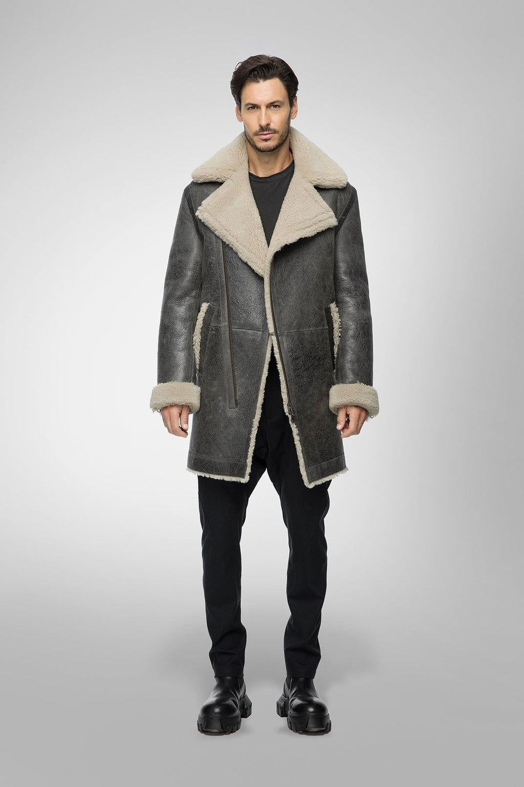 Men's Gray Shearling Leather Coat - Elegant & Warm