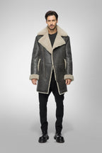 Men's Gray Shearling Leather Coat - Elegant & Warm