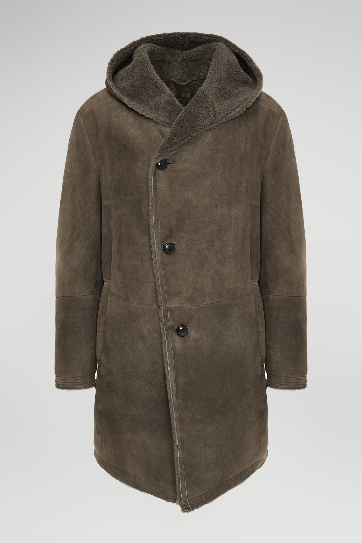 Men's Gray Sheepskin Leather Coat with Hood - Stylish & Warm