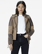Women's Beige Cafe Racer Leather Jacket with Gray Quilts