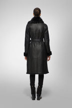Women's Black Belted Shearling Bomber Leather Coat