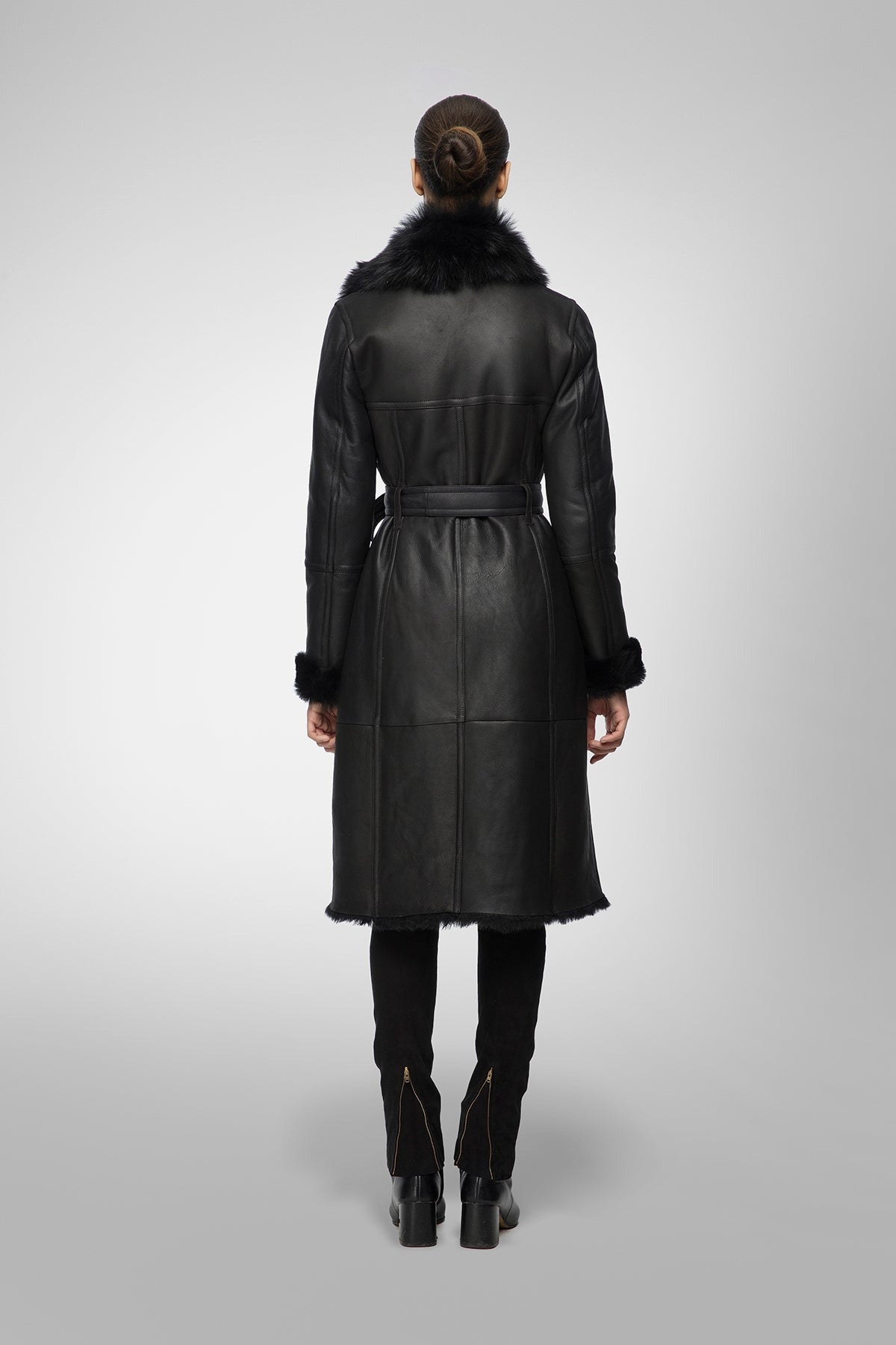 Women's Black Belted Shearling Bomber Leather Coat