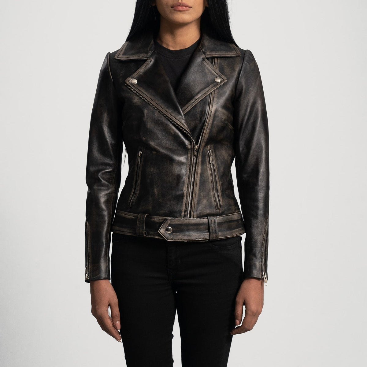 Women's Black Distressed Biker Leather Jacket