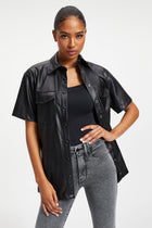 Women's Black Half Sleeve Trucker Leather Shirt with Classic Fit