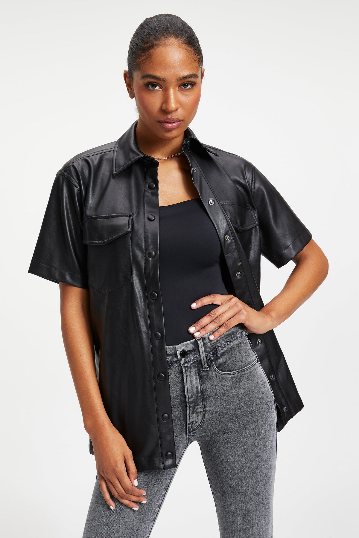Women's Black Half Sleeve Trucker Leather Shirt with Classic Fit