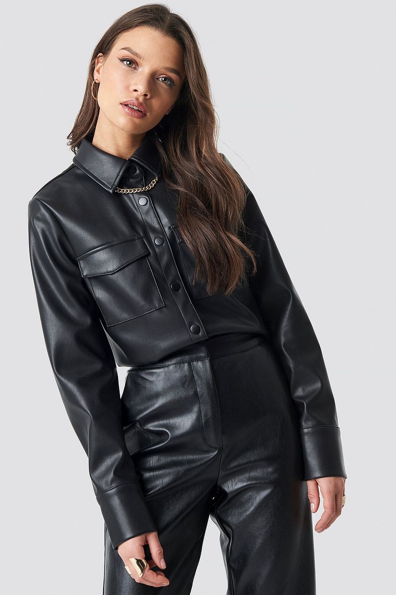Women's Black Full Sleeve Trucker Leather Shirt with Classic Fit