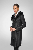 Women's Black Fur Shearling Parka Leather Coat