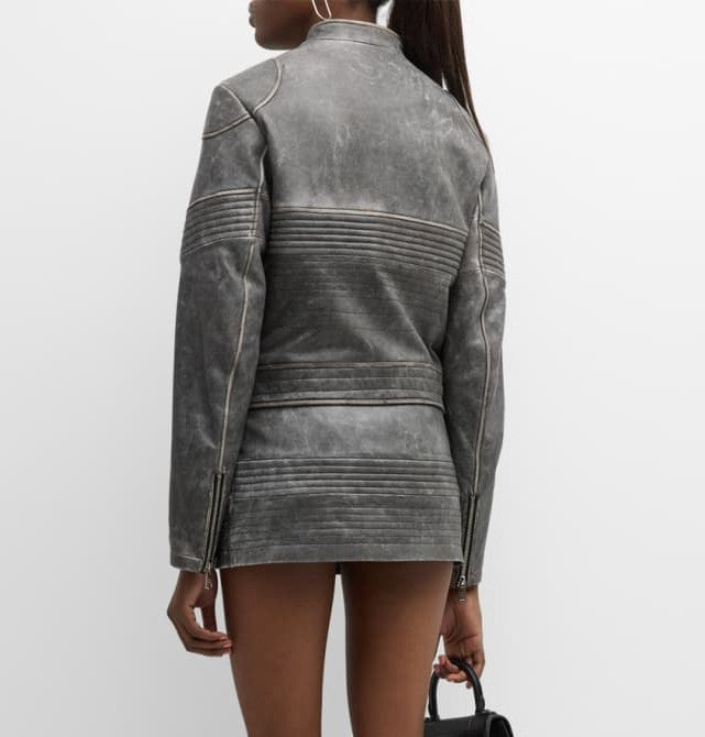 Women's Gray Distressed Leather Jacket with Vintage Flair