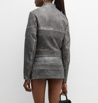 Women's Gray Distressed Leather Jacket with Vintage Flair