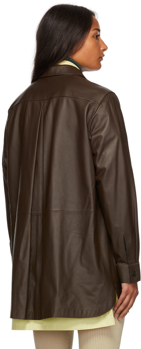 Women's Long Dark Brown Sheepskin Leather Shirt with Classic Fit