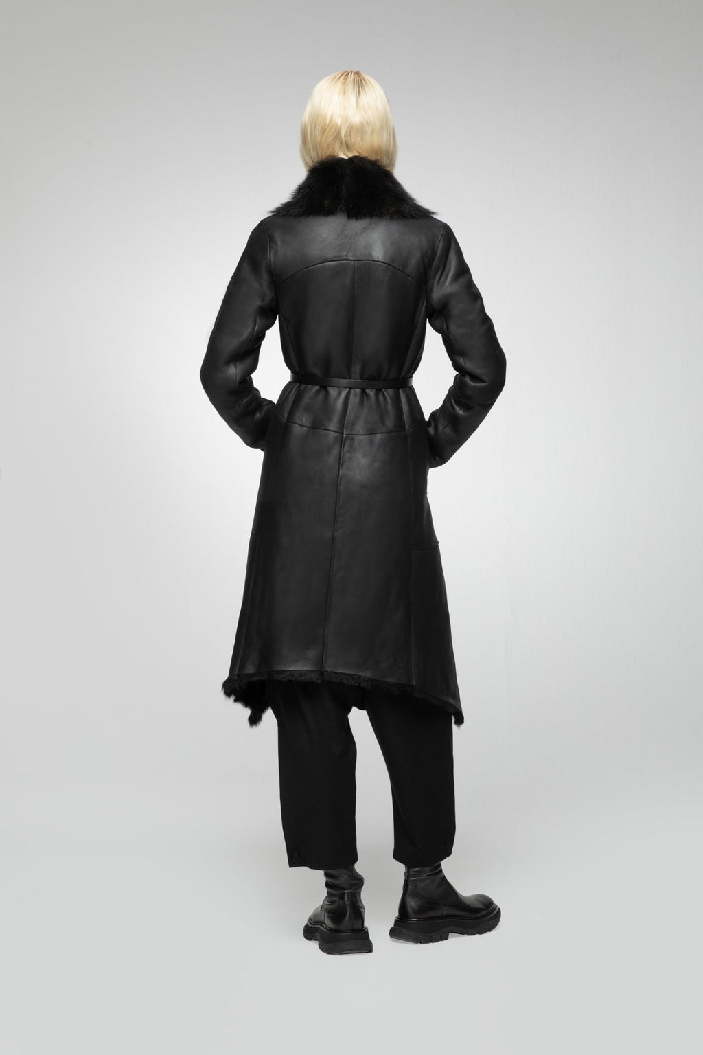 Women's Black Shearling Leather Trench Coat