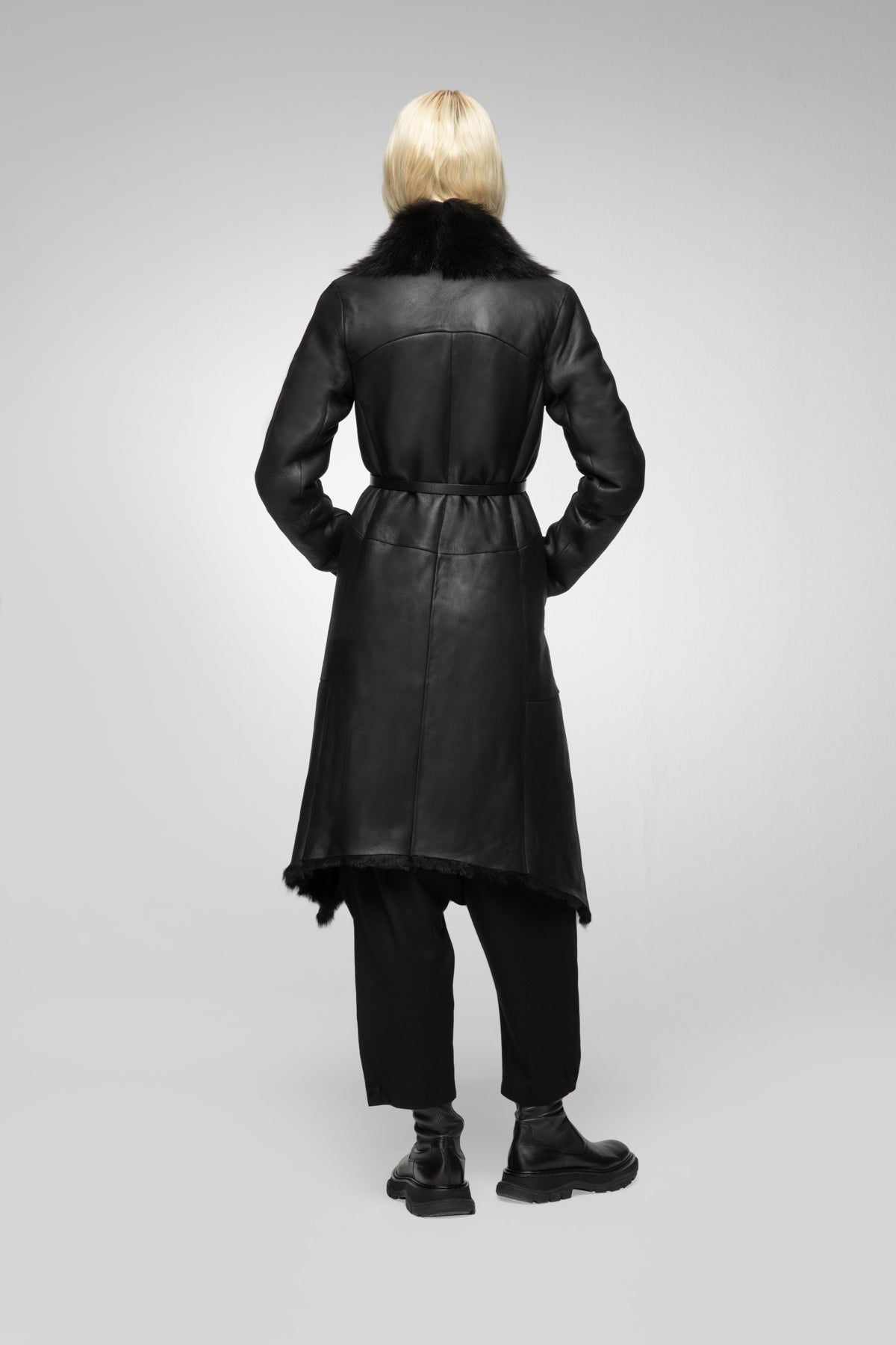 Women's Black Shearling Leather Trench Coat