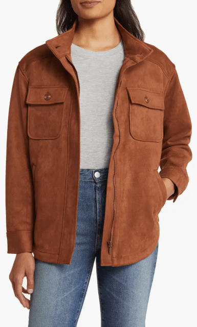 Women's Brown Suede Trucker Leather Shirt with Classic Fit