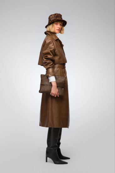 Women's Dark Brown Leather Trench Coat with Belted Waist