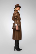 Women's Dark Brown Leather Trench Coat with Belted Waist