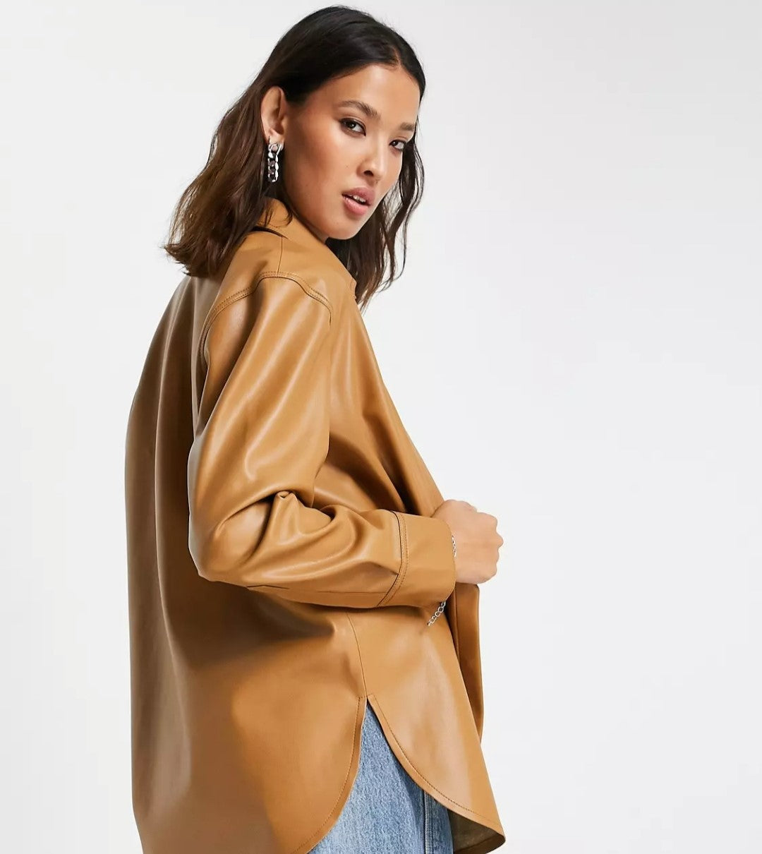 Women's Brown Trucker Leather Shirt with Classic Fit