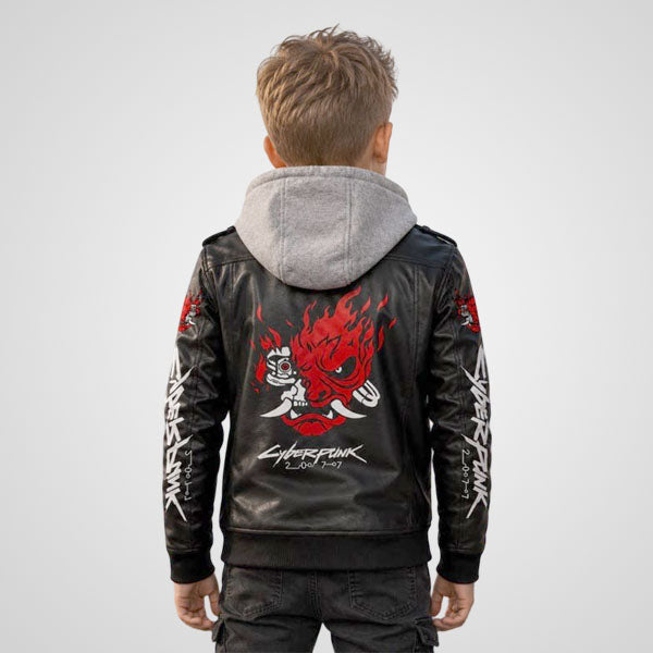 Cyberpunk 2077 Samurai Kids Leather Jacket - Johnny Silverhand Hooded Biker Style