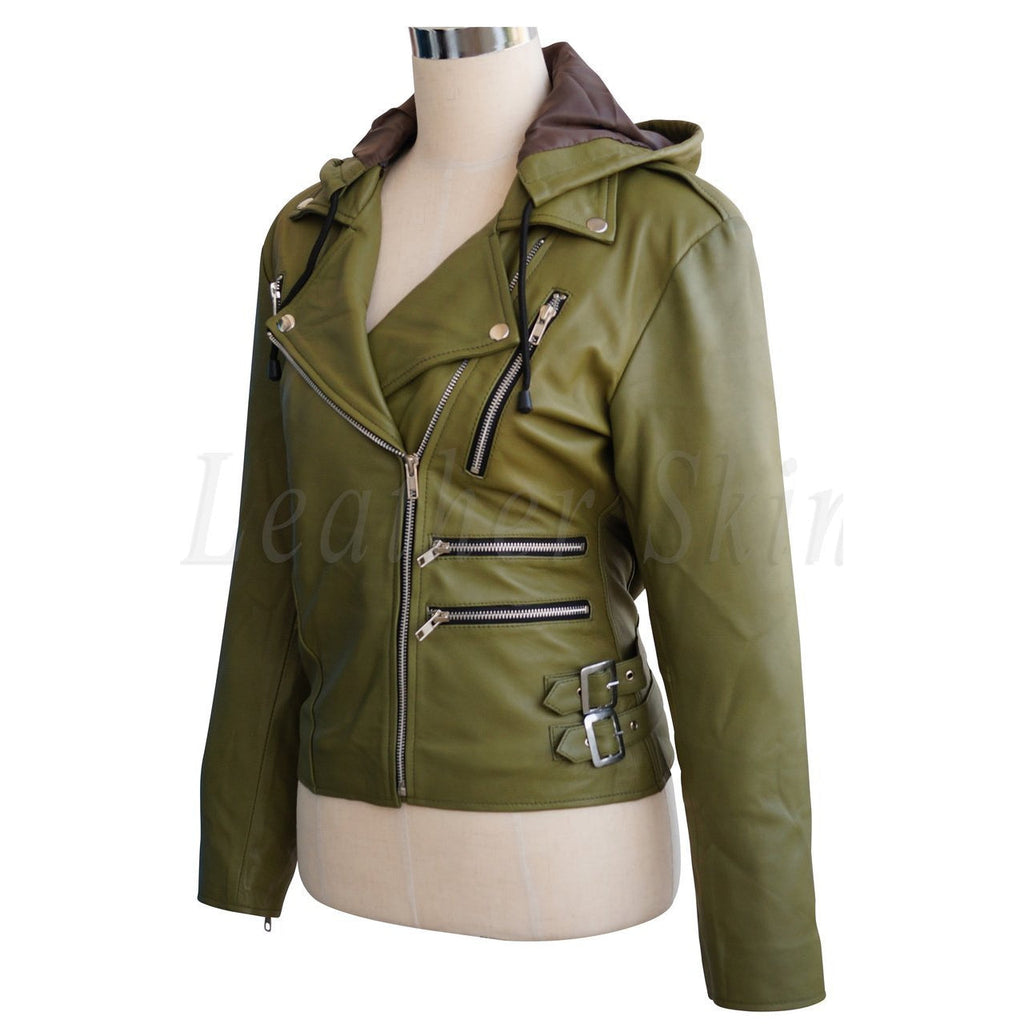 Olive Green Brando Genuine Leather Jacket with Detachable Hood