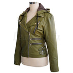 Olive Green Brando Genuine Leather Jacket with Detachable Hood