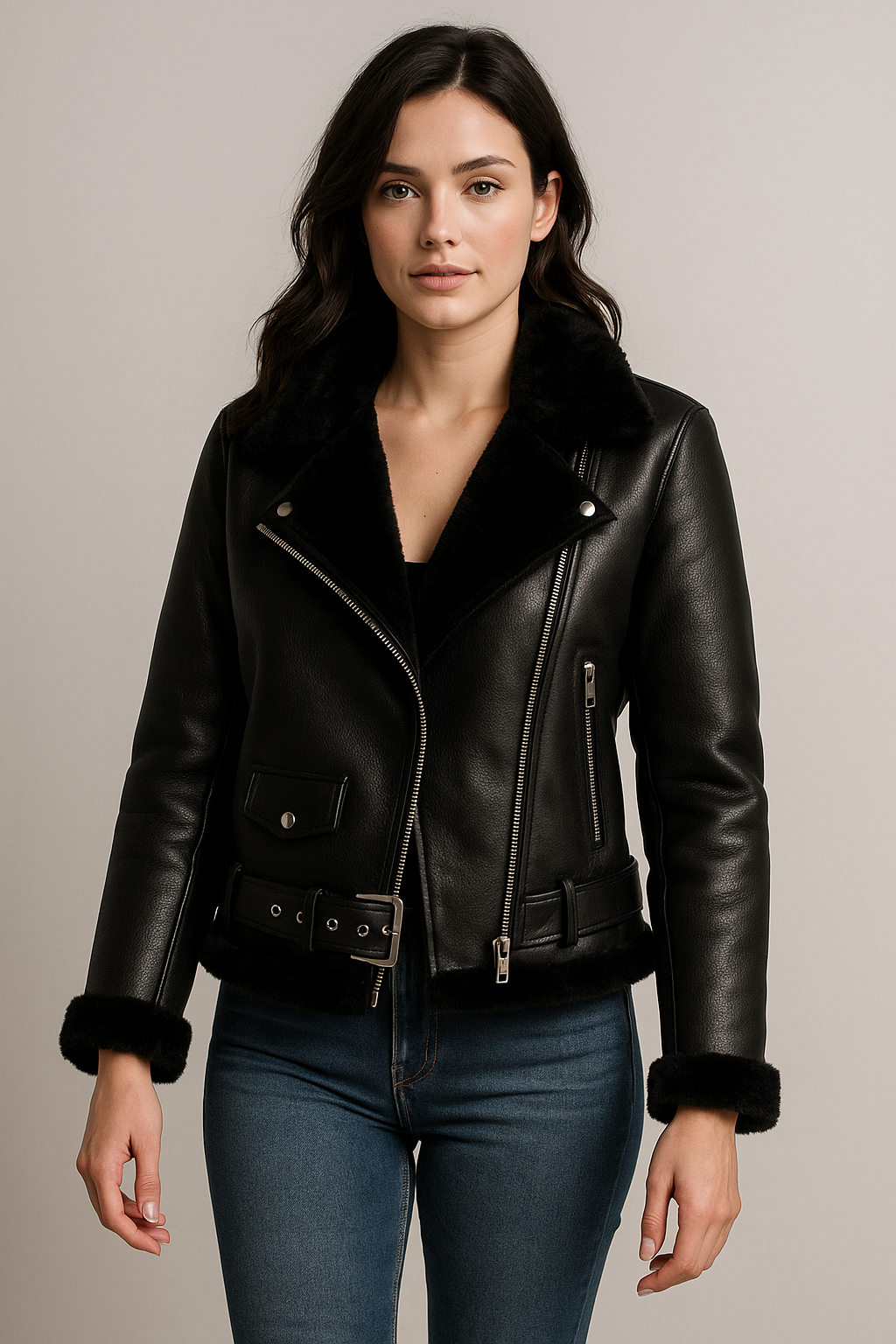 Women's Black Shearling Bomber Leather jacket