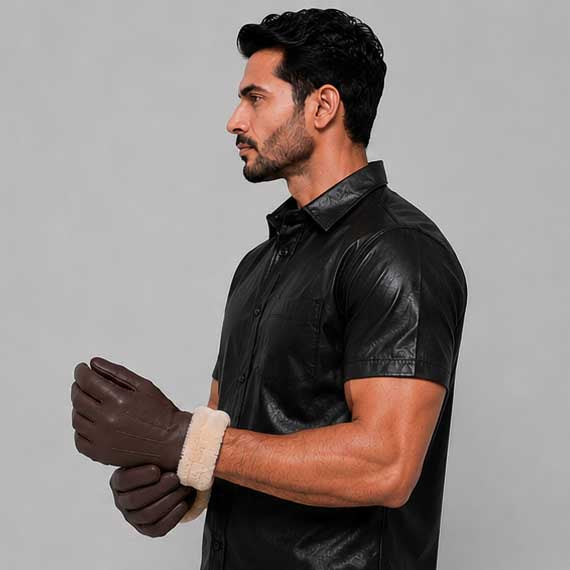 Premium Dark Brown Leather Fur Lined Winter Glove
