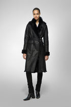 Women's Black Belted Shearling Bomber Leather Coat