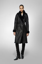 Women's Black Belted Shearling Bomber Leather Coat