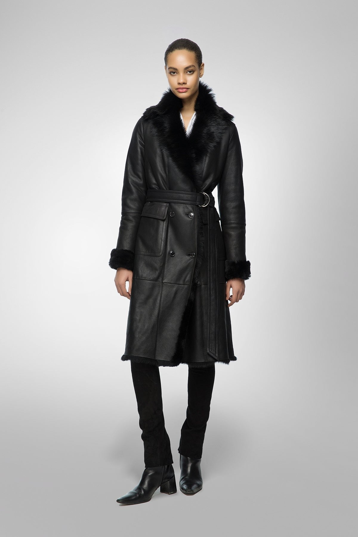 Women's Black Belted Shearling Bomber Leather Coat
