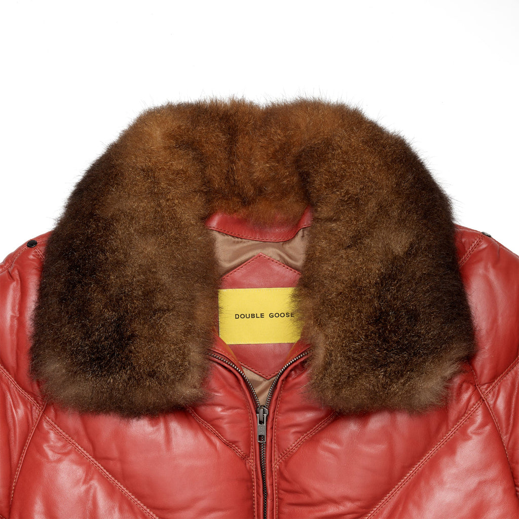 Double Goose Men’s V-Bomber Leather Jacket | Chili Red Calfskin Down Coat