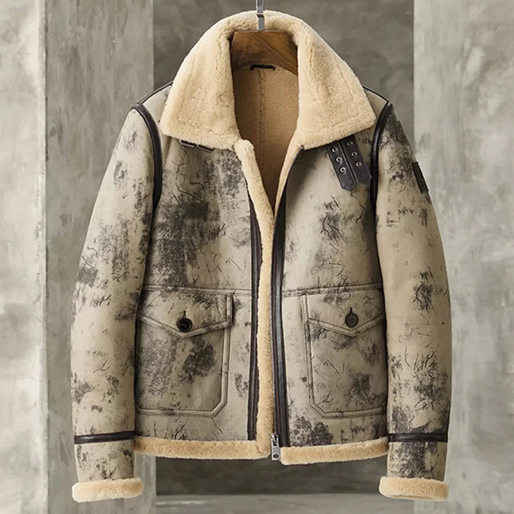Men's Distressed Crackle Wash B-3 Shearling Aviator Flight Jacket