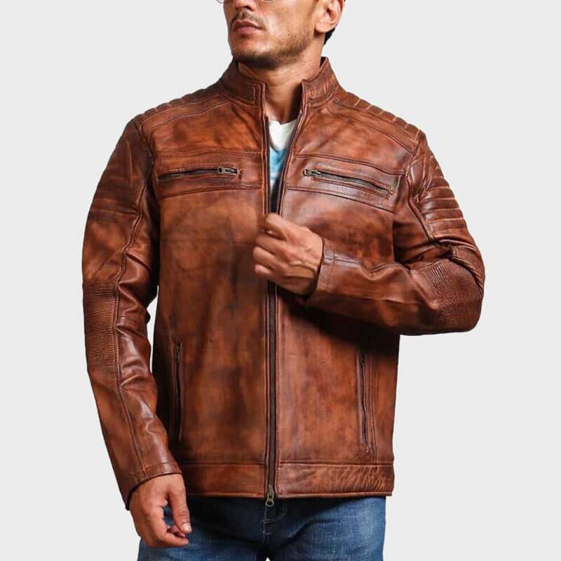 Handmade Distressed Brown Cowhide Leather Cafe Racer Jacket for Men