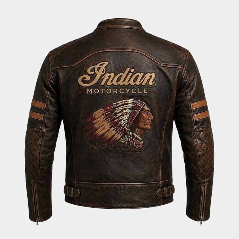 Men's Distressed Brown Genuine Cowhide Leather Indian Motorcycle Jacket with CE Protection