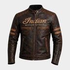 Men's Distressed Brown Genuine Cowhide Leather Indian Motorcycle Jacket with CE Protection